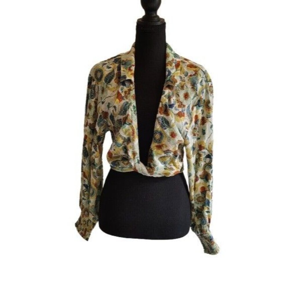 Anthropologie Floral Cotton Crop Top XS Twist Front Smocked Waist Long Sleeve